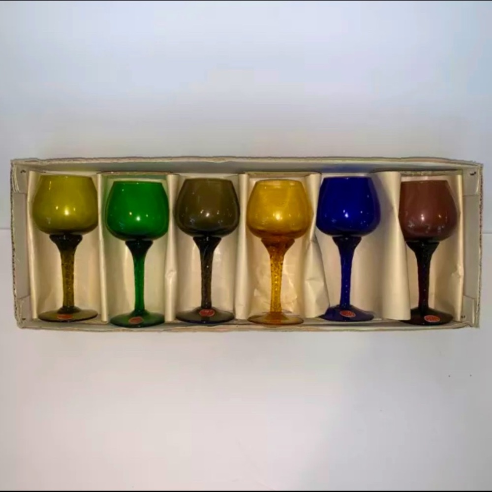 6 Italy Colored 6” Cordial Glasses In Fitted Box